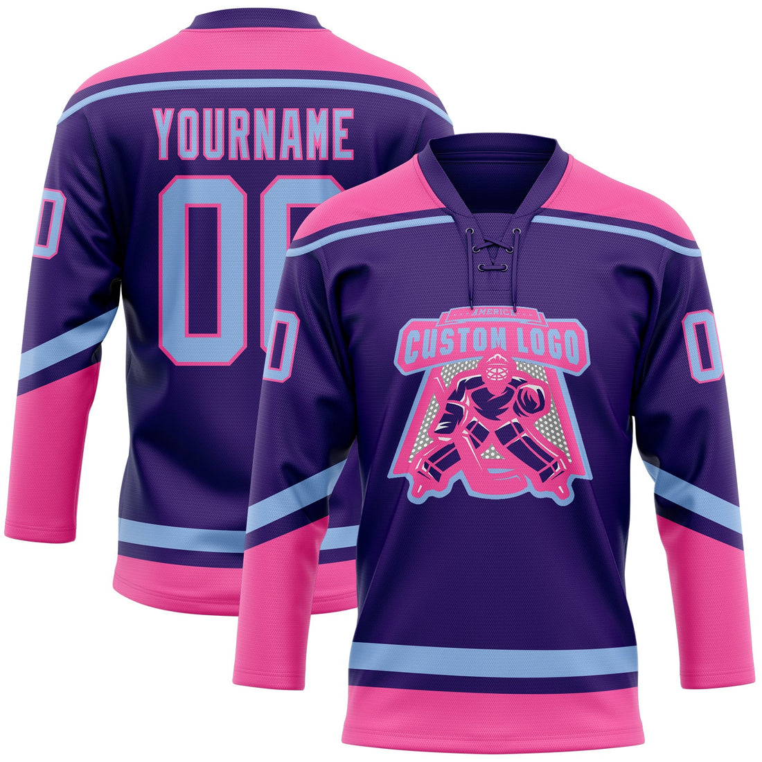 Custom Purple Light Blue-Pink Hockey Lace Neck Jersey