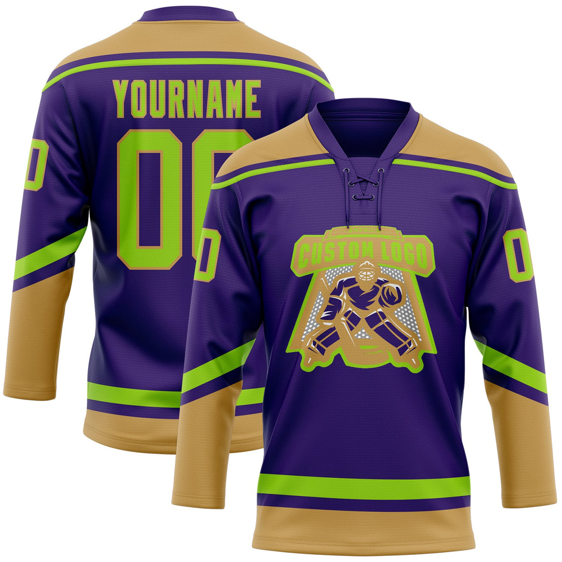 Custom Purple Neon Green-Old Gold Hockey Lace Neck Jersey