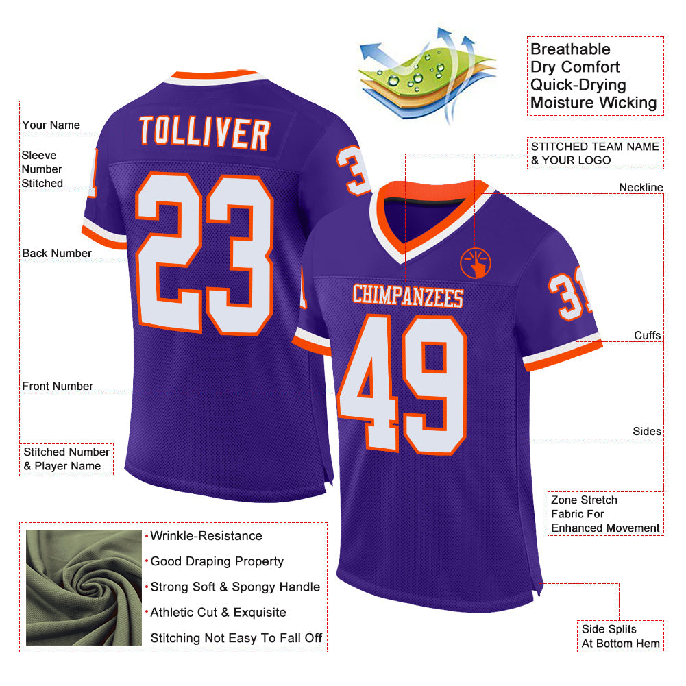 Custom Purple White-Orange Mesh Authentic Throwback Football Jersey