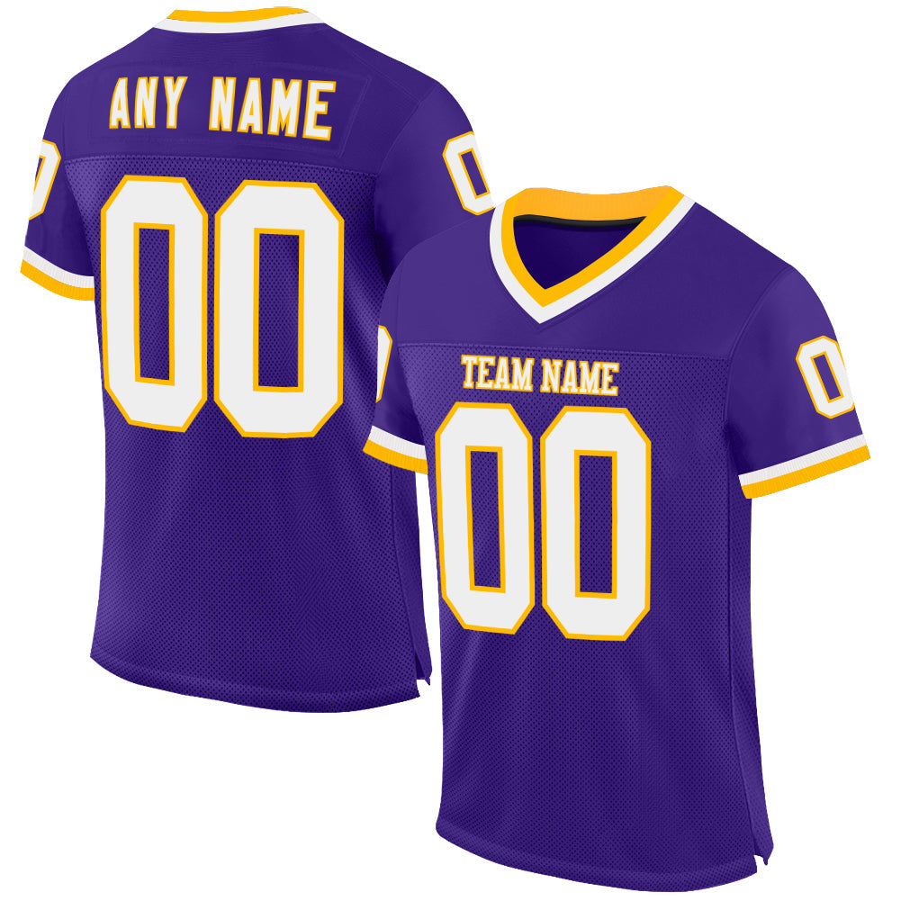 Custom Purple White-Gold Mesh Authentic Throwback Football Jersey