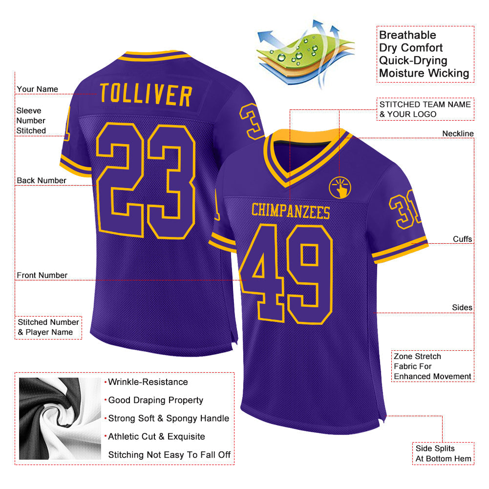 Custom Purple Gold Mesh Authentic Throwback Football Jersey