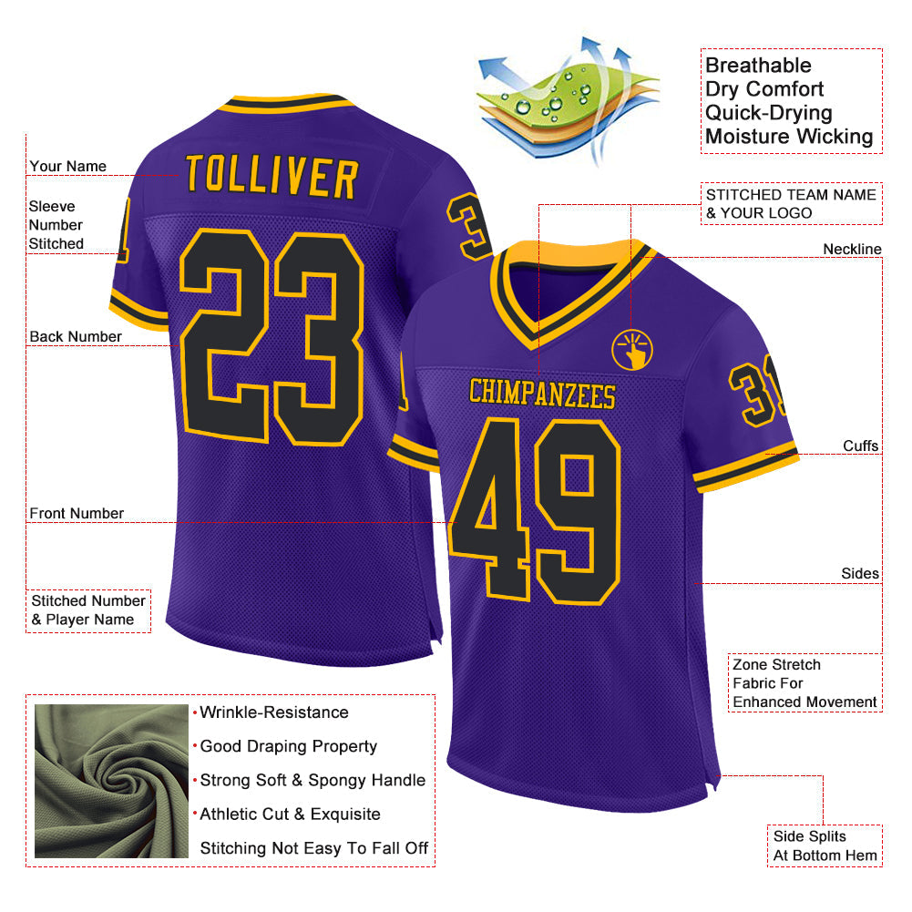 Custom Purple Black-Gold Mesh Authentic Throwback Football Jersey