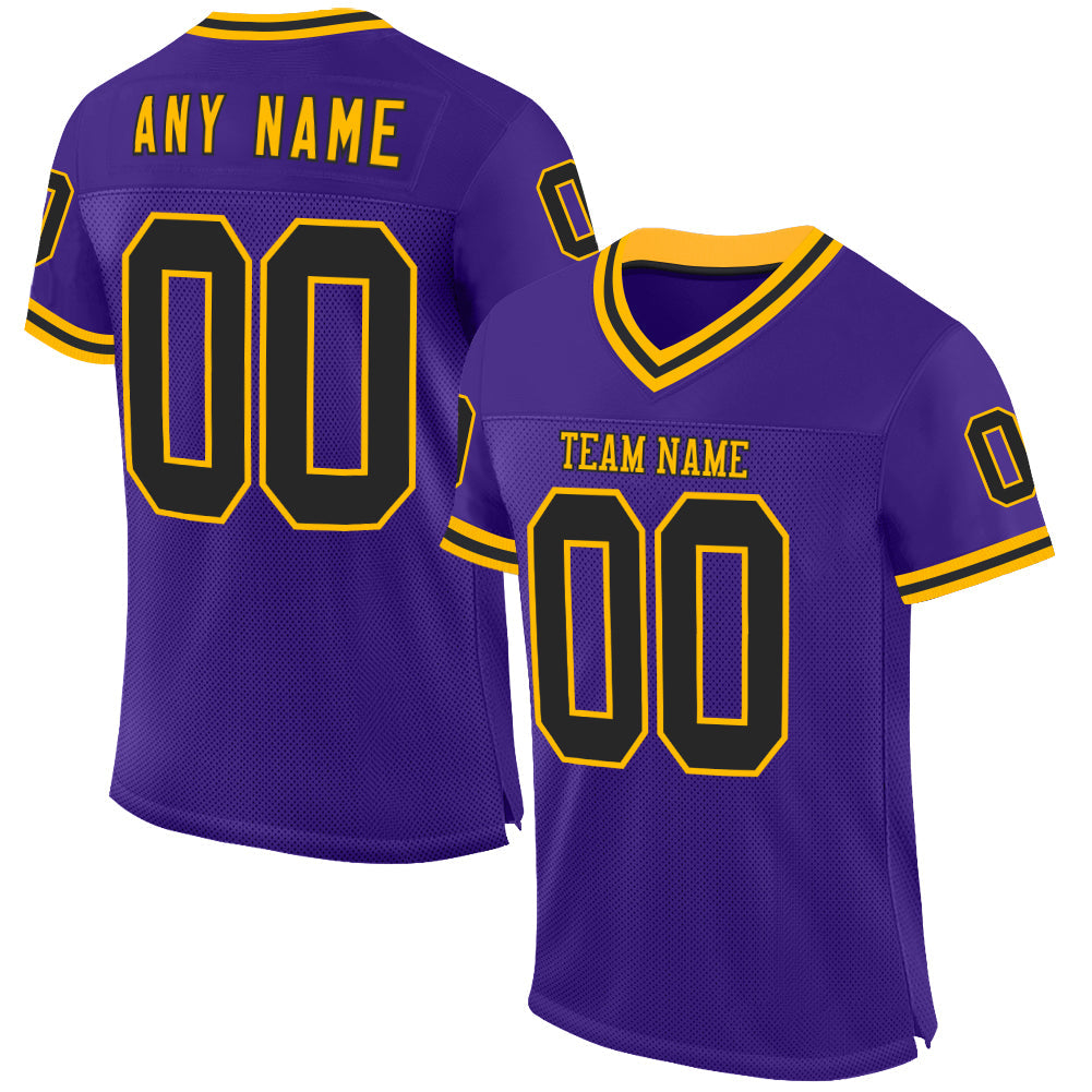 Custom Purple Black-Gold Mesh Authentic Throwback Football Jersey