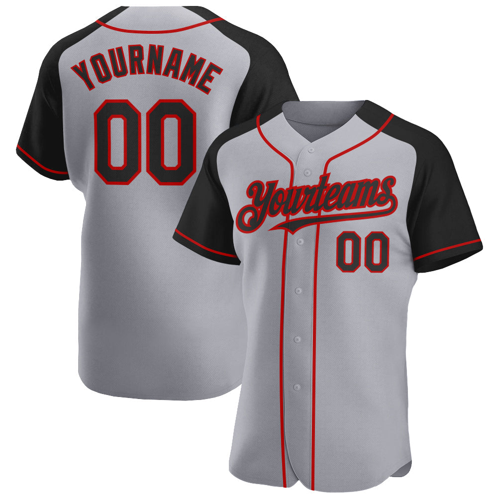 Custom Gray Black-Red Authentic Raglan Sleeves Baseball Jersey