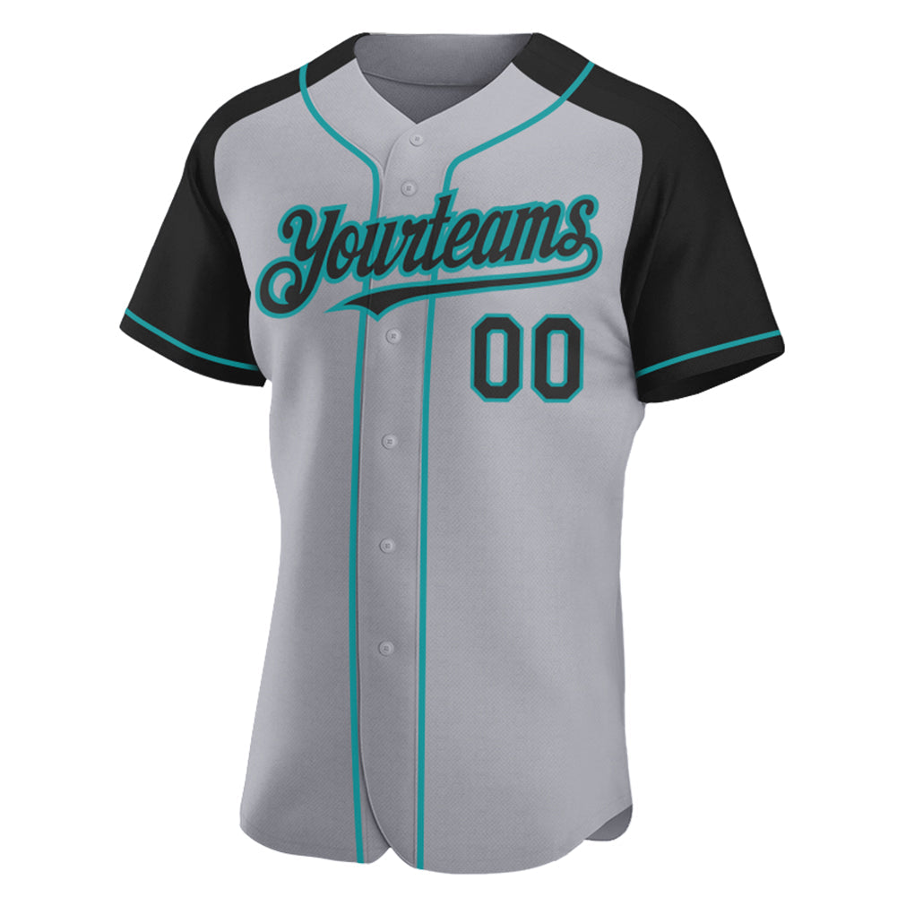 Custom Gray Black-Teal Authentic Raglan Sleeves Baseball Jersey