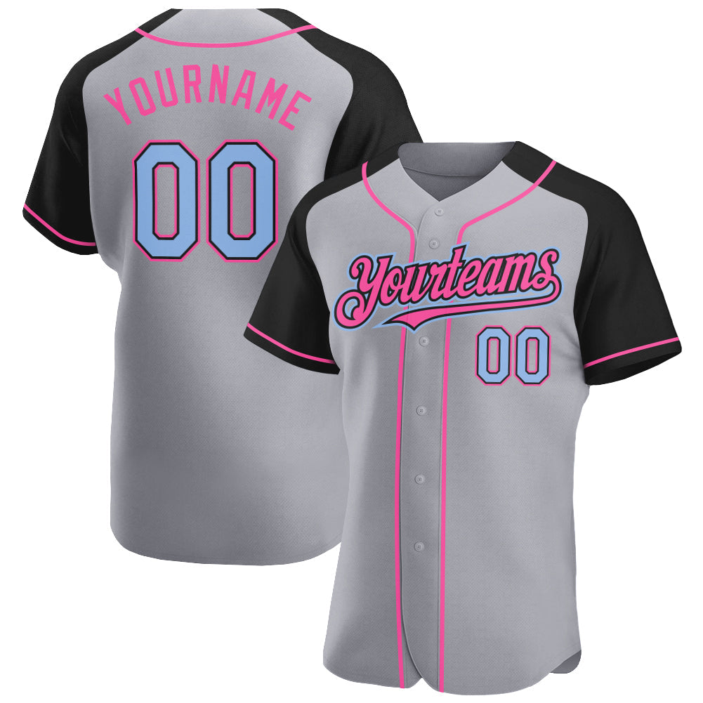 Custom Gray Light Blue Black-Pink Authentic Raglan Sleeves Baseball Jersey