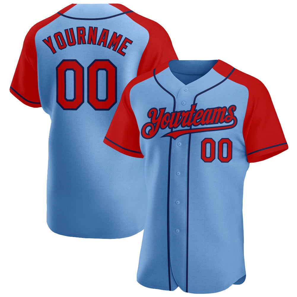 Custom Light Blue Red-Navy Authentic Raglan Sleeves Baseball Jersey