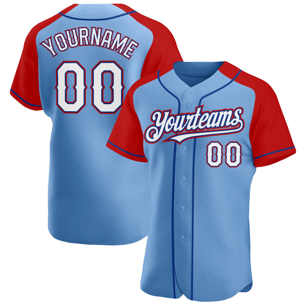 Custom Light Blue White Red-Royal Authentic Raglan Sleeves Baseball Jersey