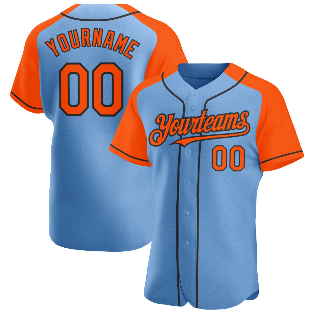 Custom Light Blue Orange-Black Authentic Raglan Sleeves Baseball Jersey