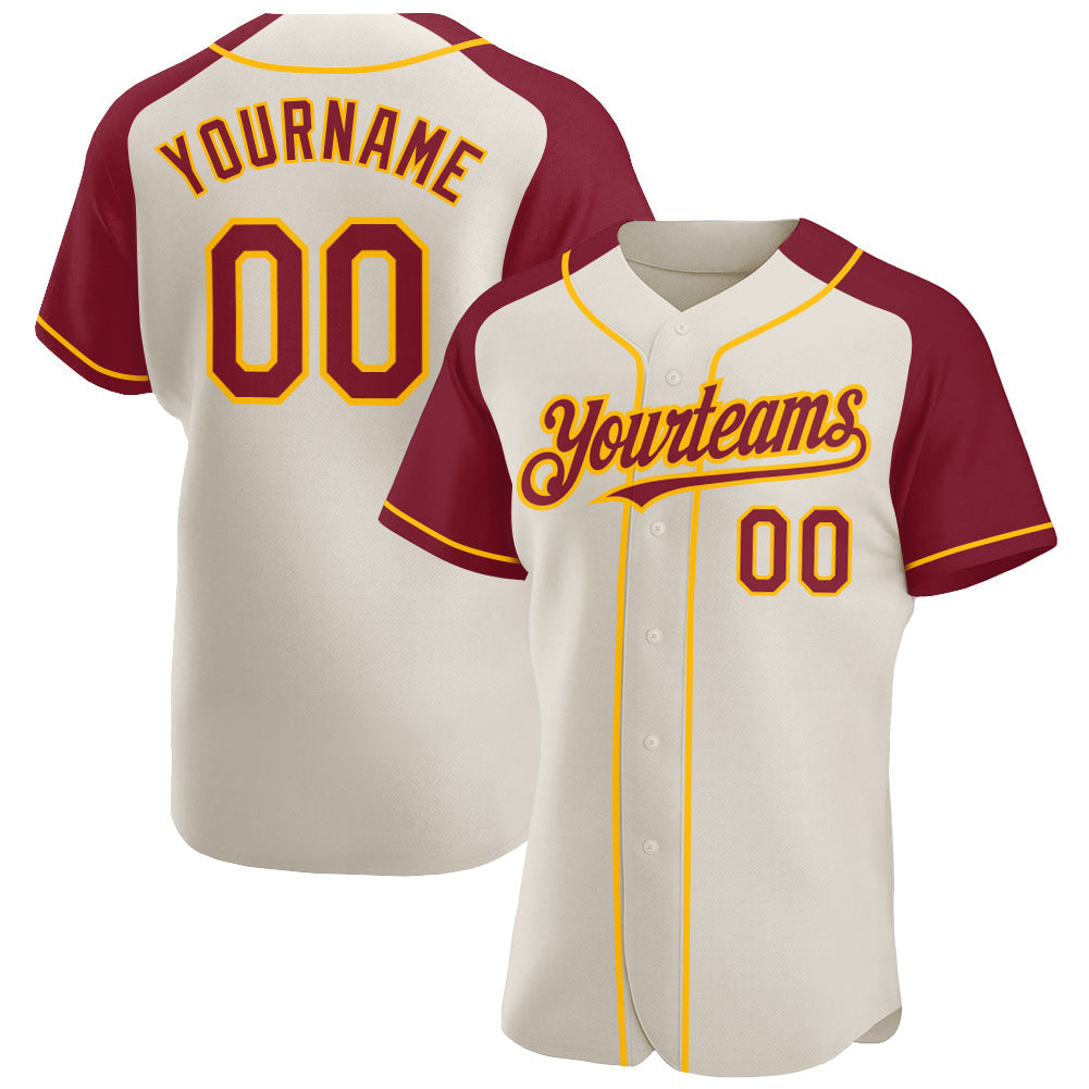 Custom Cream Crimson-Gold Authentic Raglan Sleeves Baseball Jersey