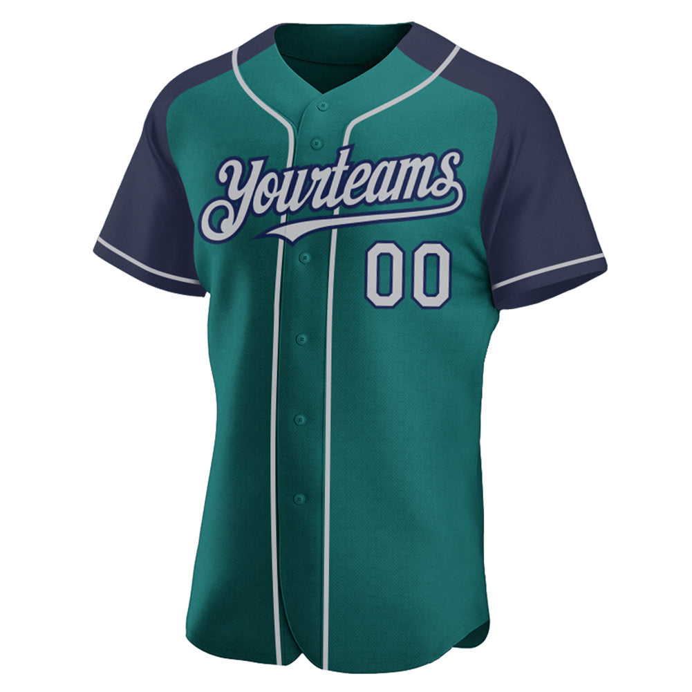 Custom Teal Gray-Navy Authentic Raglan Sleeves Baseball Jersey