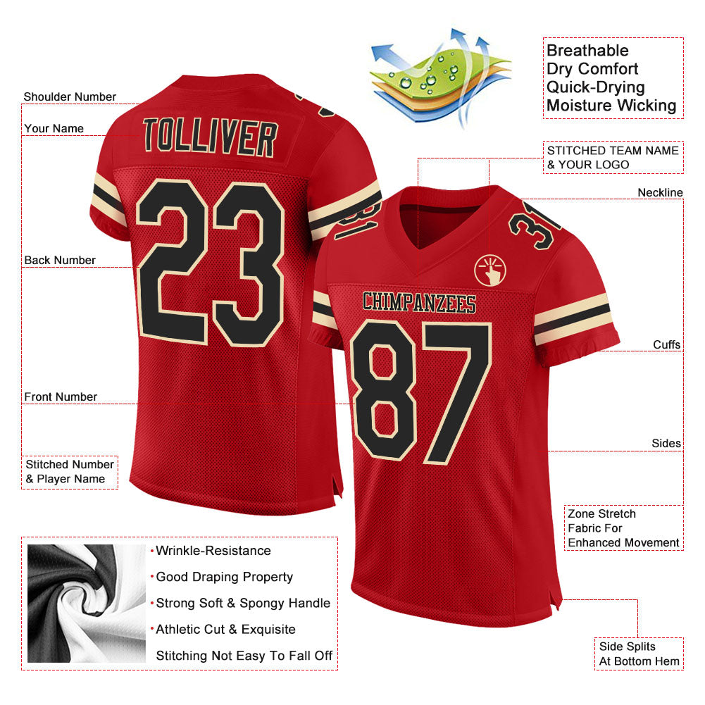 Custom Red Black-Cream Mesh Authentic Football Jersey