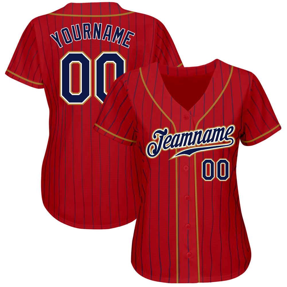 Custom Red Navy Pinstripe Navy-Old Gold Authentic Baseball Jersey