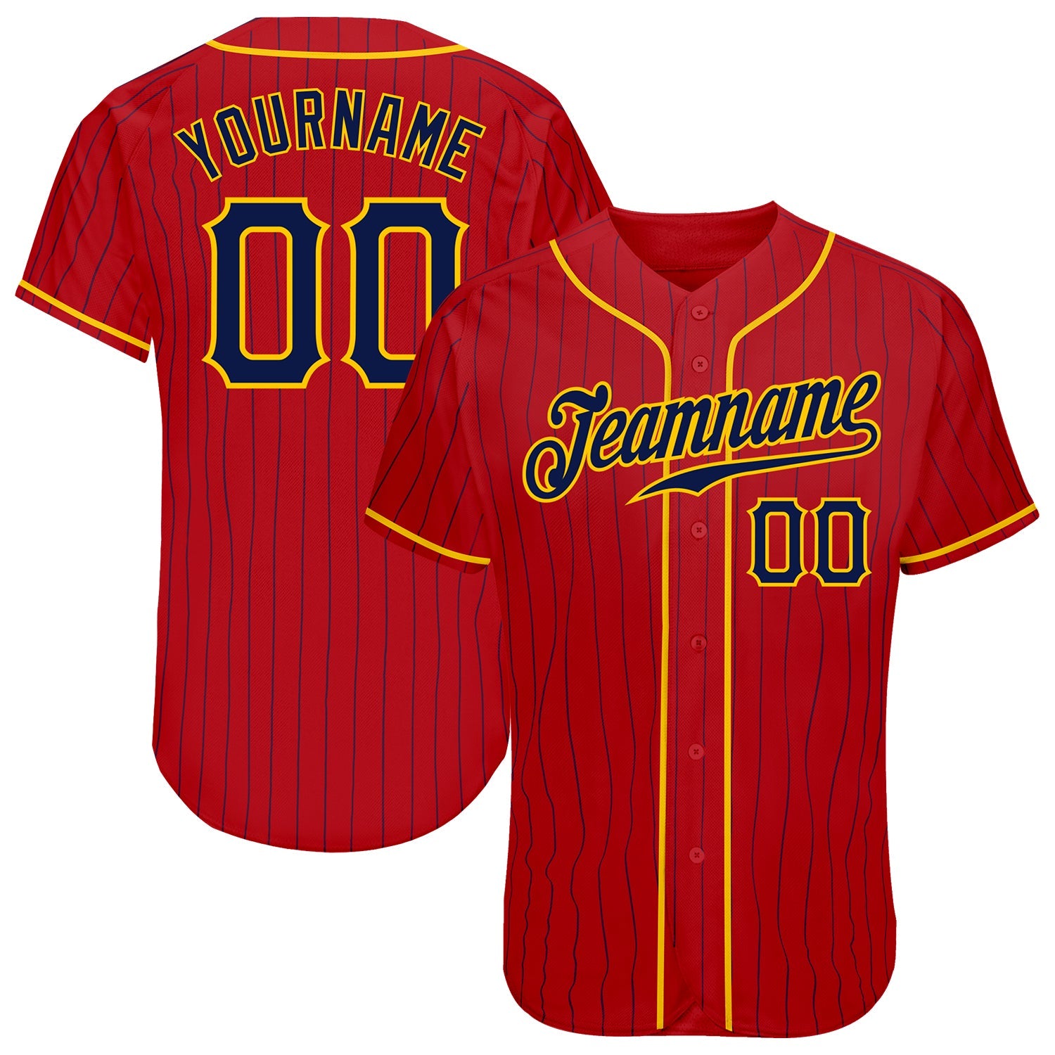 Custom Red Navy Pinstripe Navy-Gold Authentic Baseball Jersey