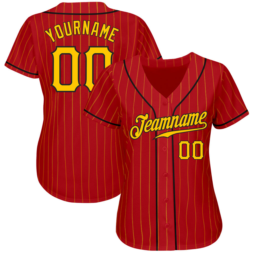 Custom Red Gold Pinstripe Gold-Black Authentic Baseball Jersey