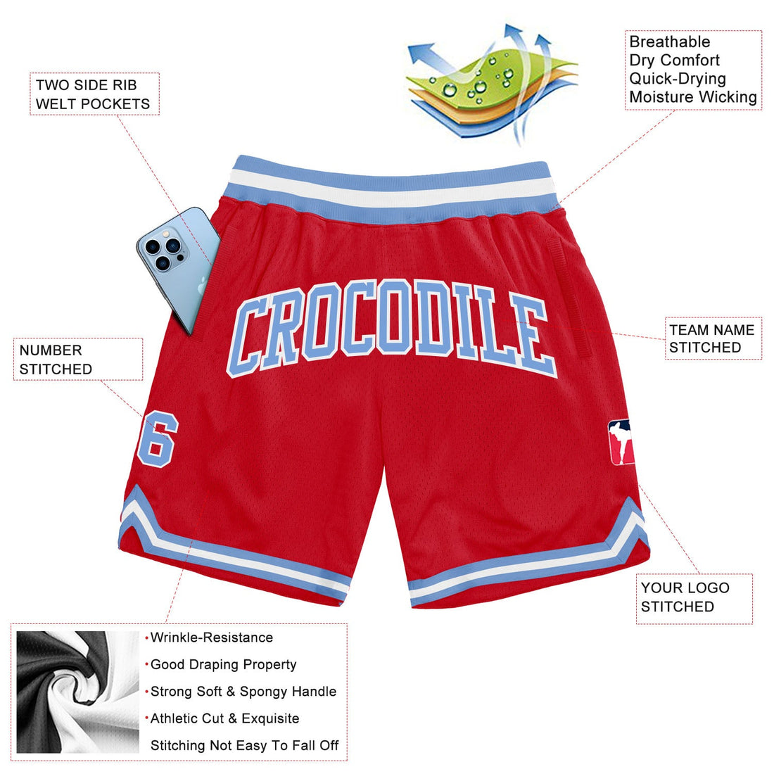 Custom Red Light Blue-White Authentic Throwback Basketball Shorts