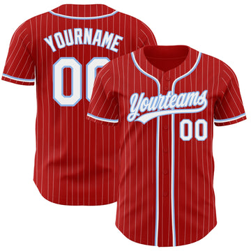 Custom Red White Pinstripe White-Light Blue Authentic Baseball Jersey