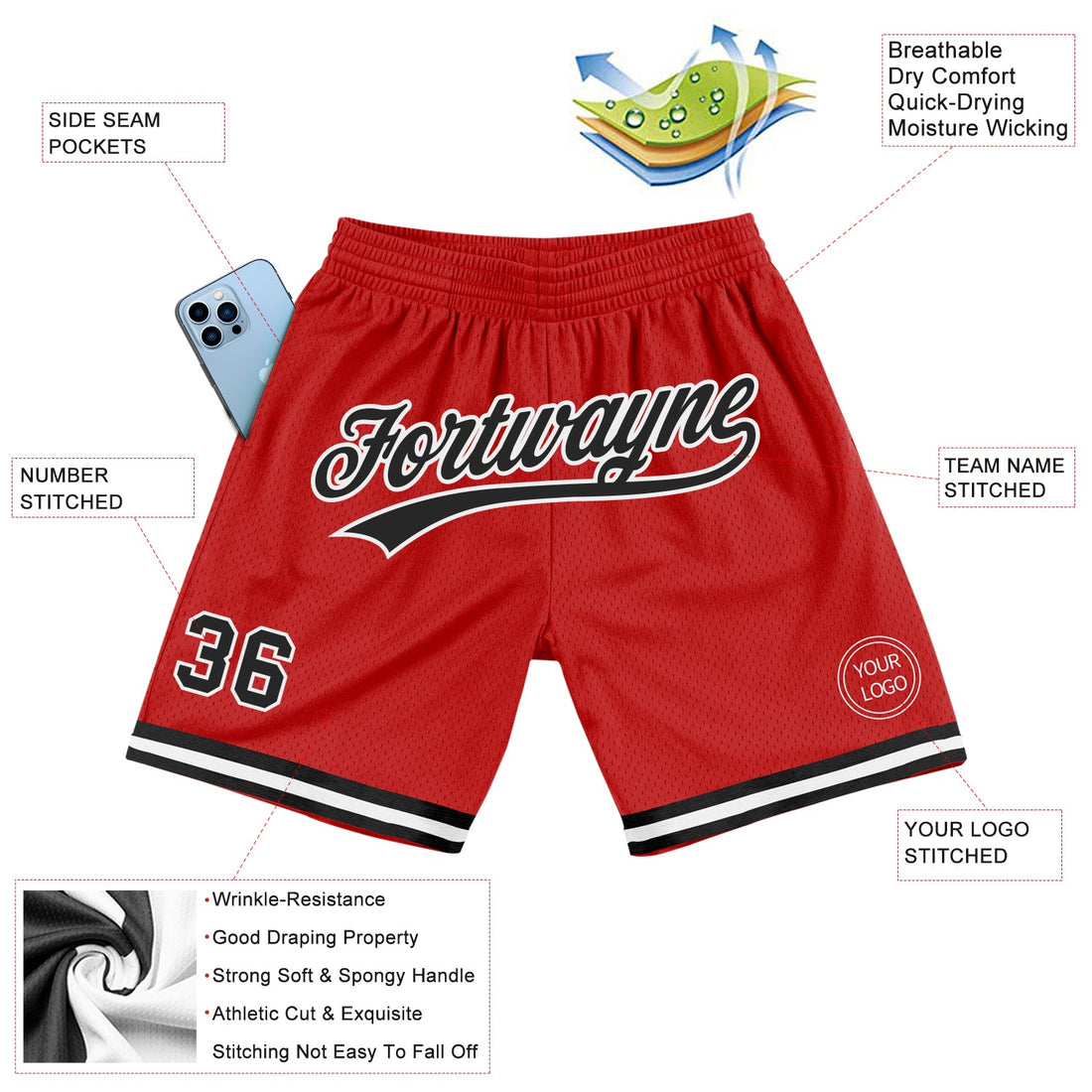 Custom Red Black-White Authentic Throwback Basketball Shorts