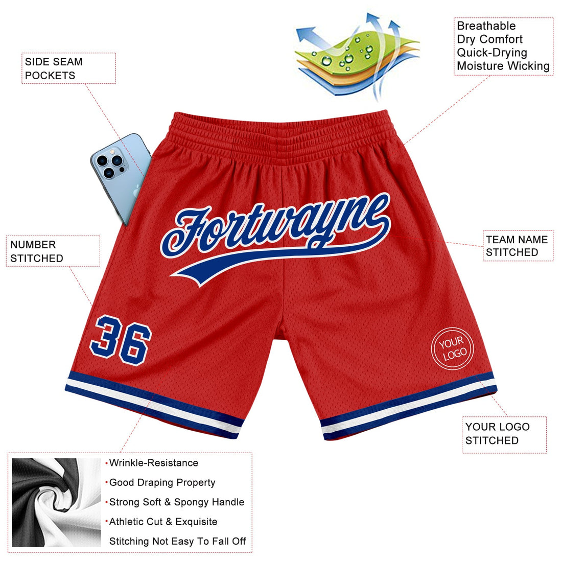 Custom Red Royal-White Authentic Throwback Basketball Shorts