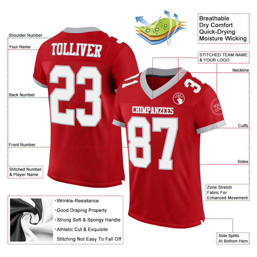 Custom Red White-Gray Mesh Authentic Football Jersey