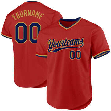 Custom Red Navy-Old Gold Authentic Throwback Baseball Jersey