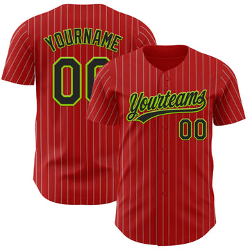 Custom Red Gray Pinstripe Black-Neon Green Authentic Baseball Jersey