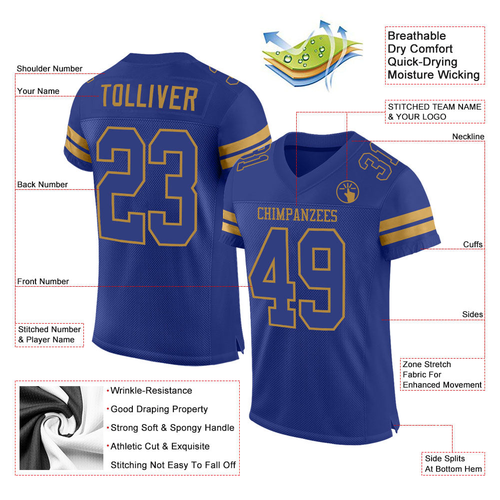 Custom Royal Royal-Old Gold Mesh Authentic Football Jersey