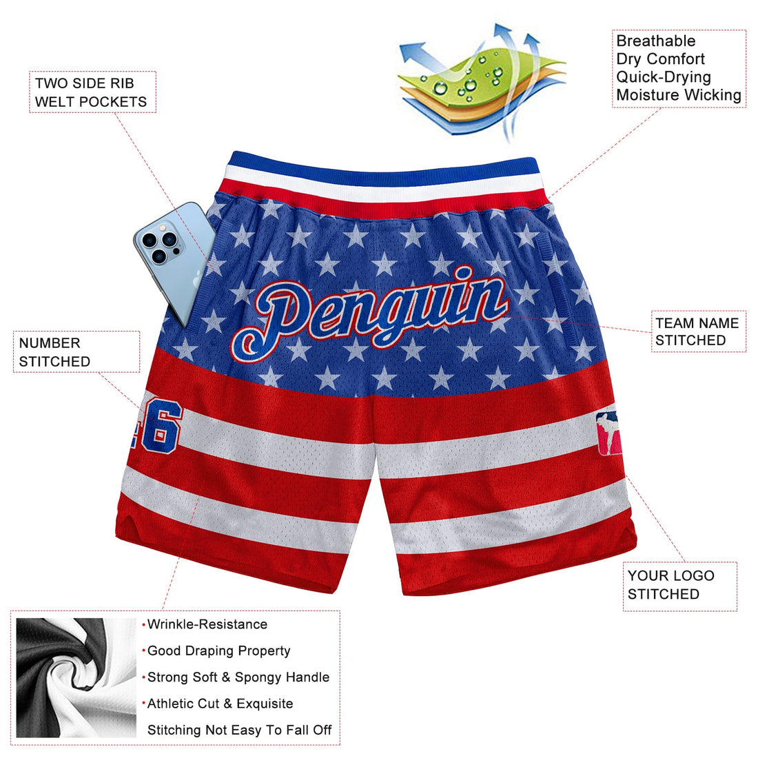 Custom Royal Royal-Red 3D Pattern Design American Flag Authentic Basketball Shorts