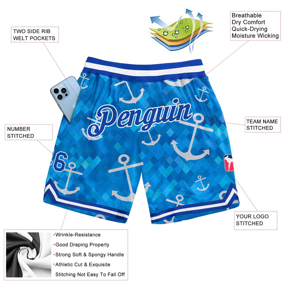 Custom Royal Royal-White 3D Pattern Design Anchors Authentic Basketball Shorts