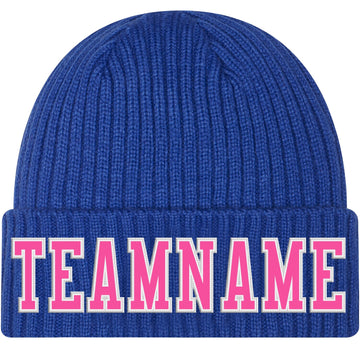 Custom Royal Pink-White Stitched Cuffed Knit Hat