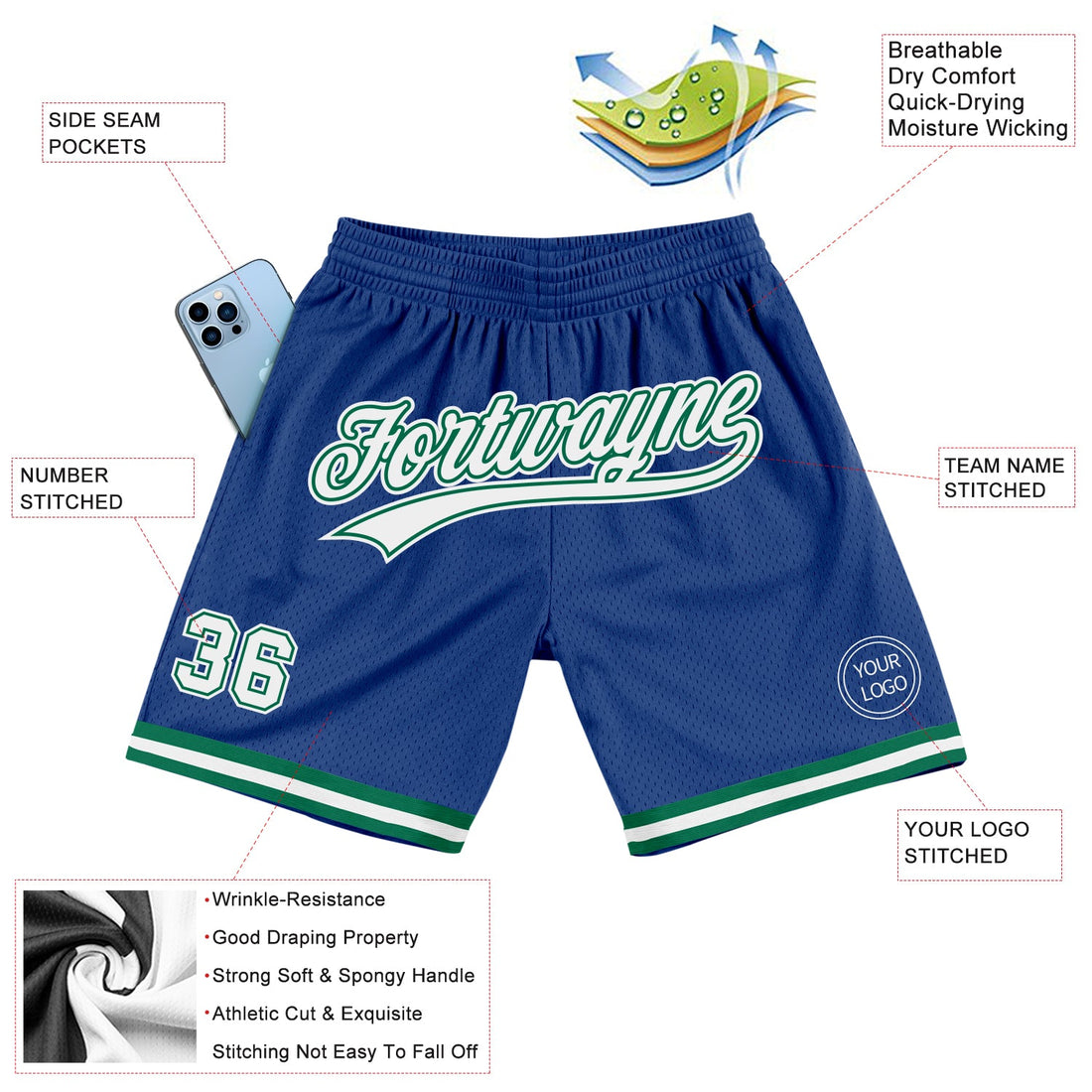 Custom Royal White-Kelly Green Authentic Throwback Basketball Shorts