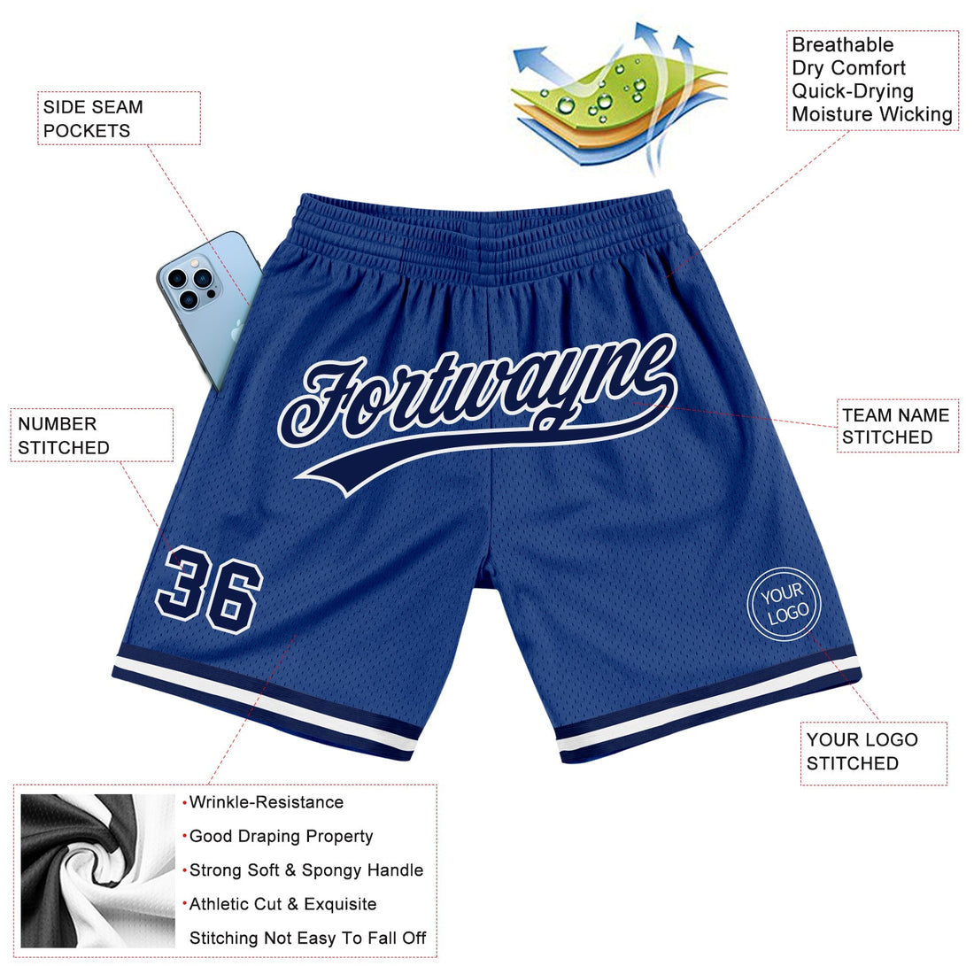 Custom Royal Navy-White Authentic Throwback Basketball Shorts