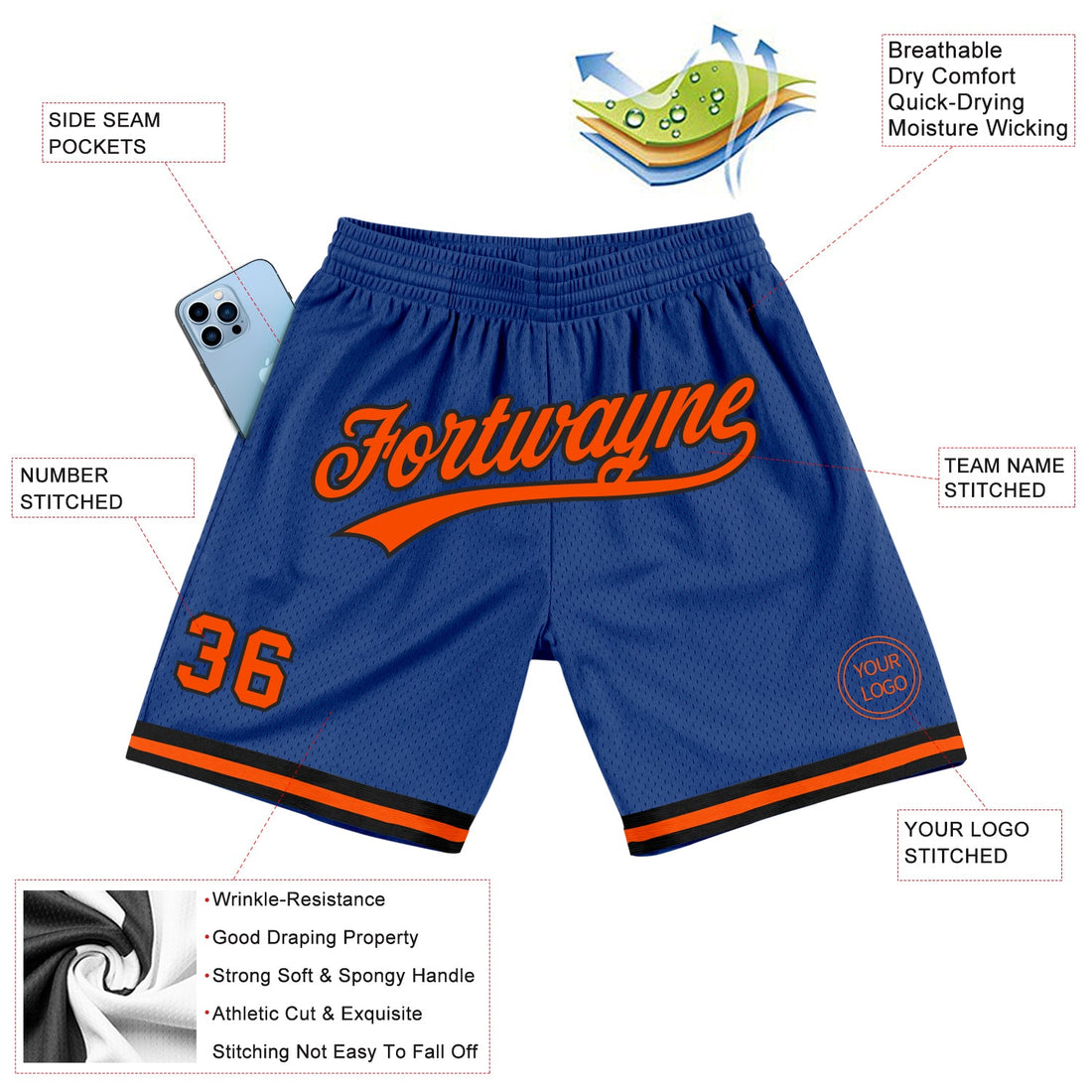 Custom Royal Orange-Black Authentic Throwback Basketball Shorts