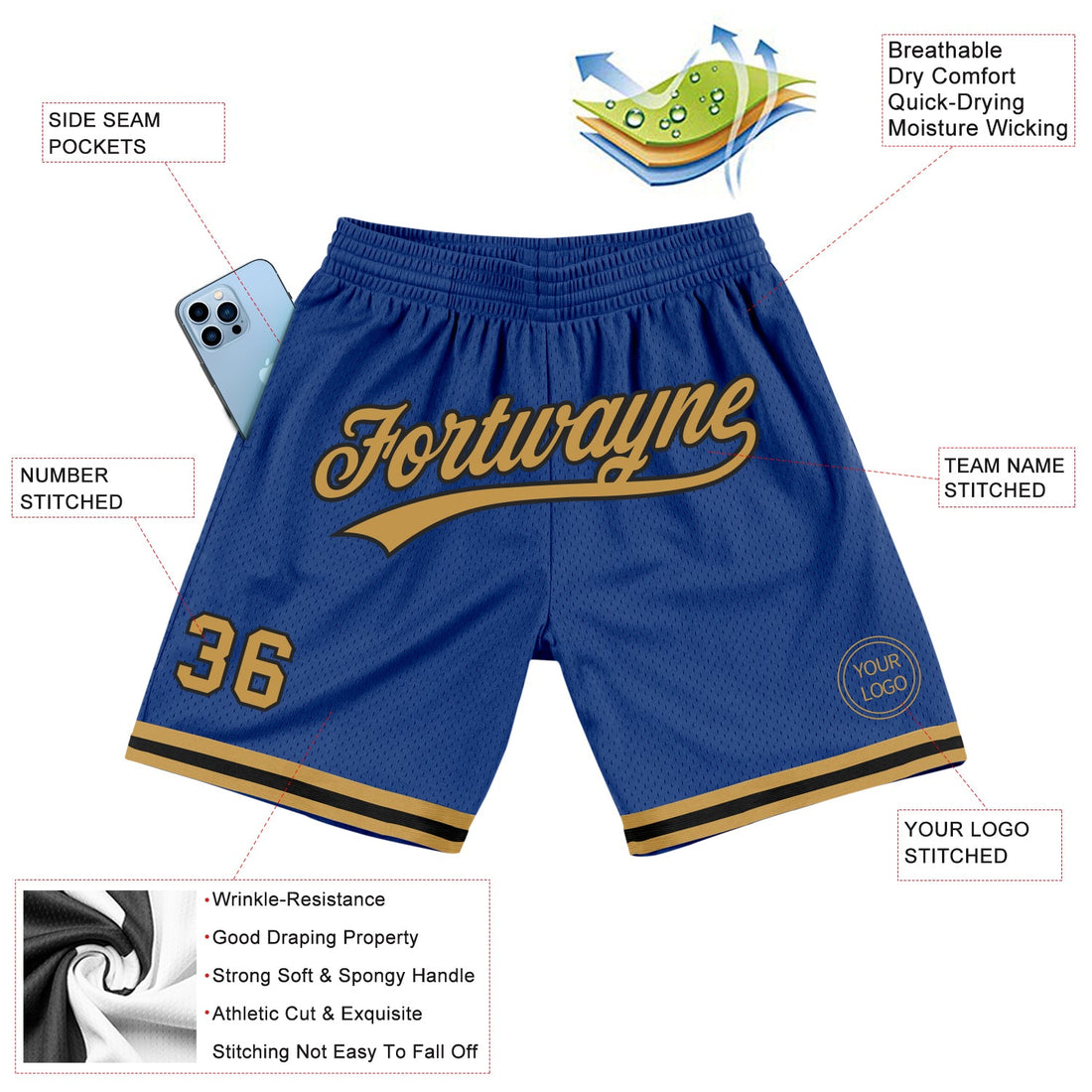 Custom Royal Old Gold-Black Authentic Throwback Basketball Shorts