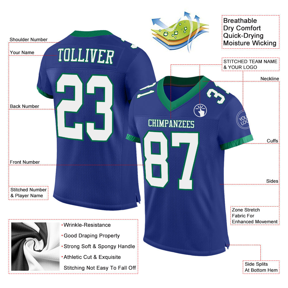 Custom Royal White-Kelly Green Mesh Authentic Football Jersey