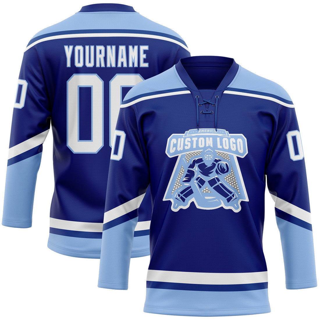 Custom Royal White-Light Blue Hockey Lace Neck Jersey