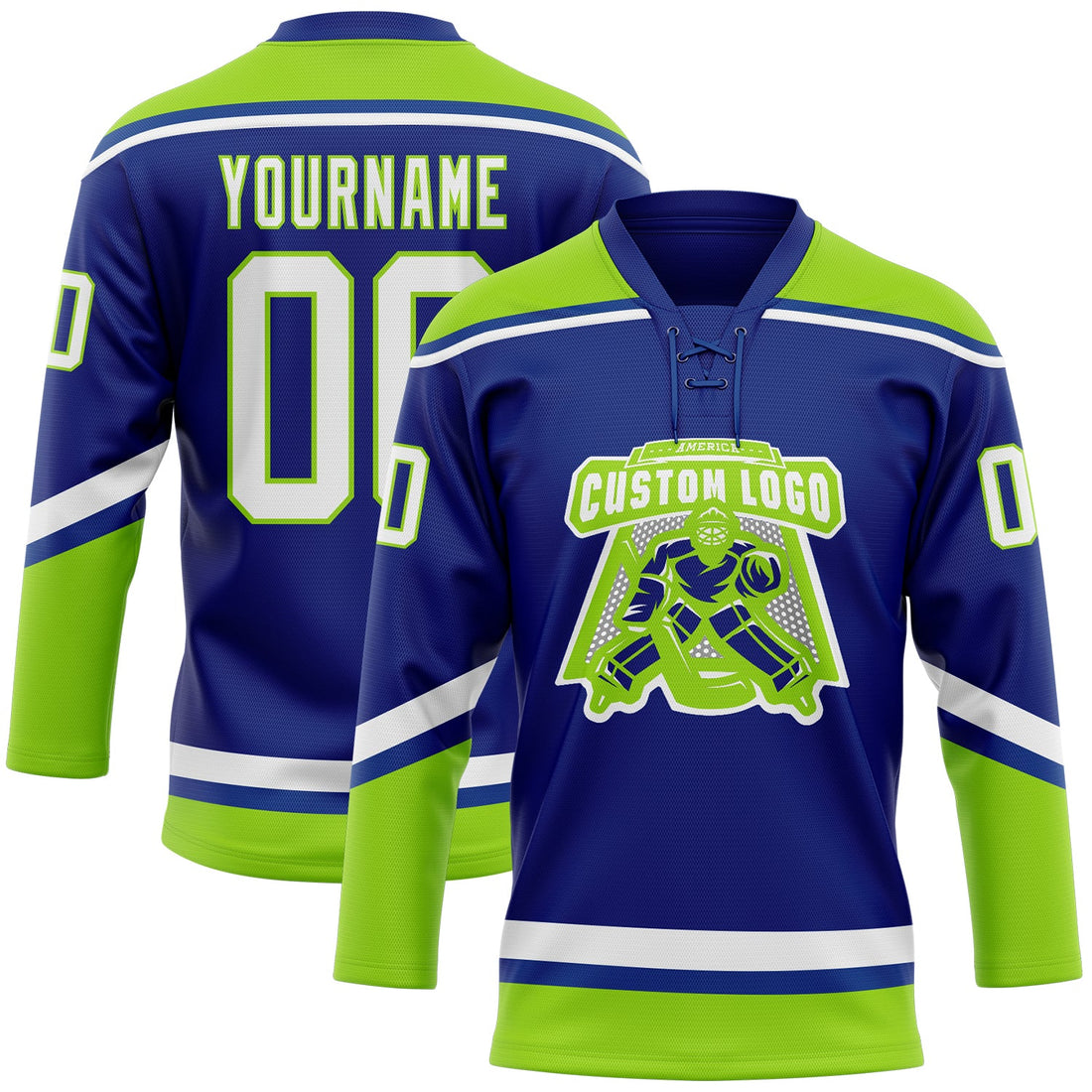 Custom Royal White-Neon Green Hockey Lace Neck Jersey