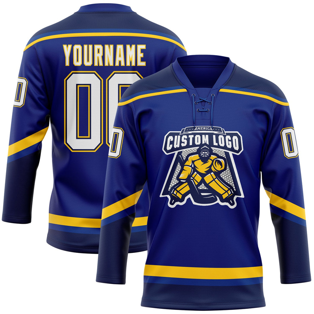 Custom Royal White Navy-Yellow Hockey Lace Neck Jersey