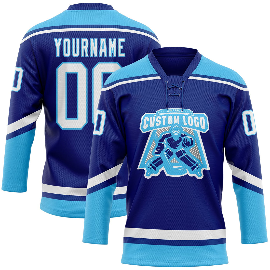 Custom Royal White-Sky Blue Hockey Lace Neck Jersey