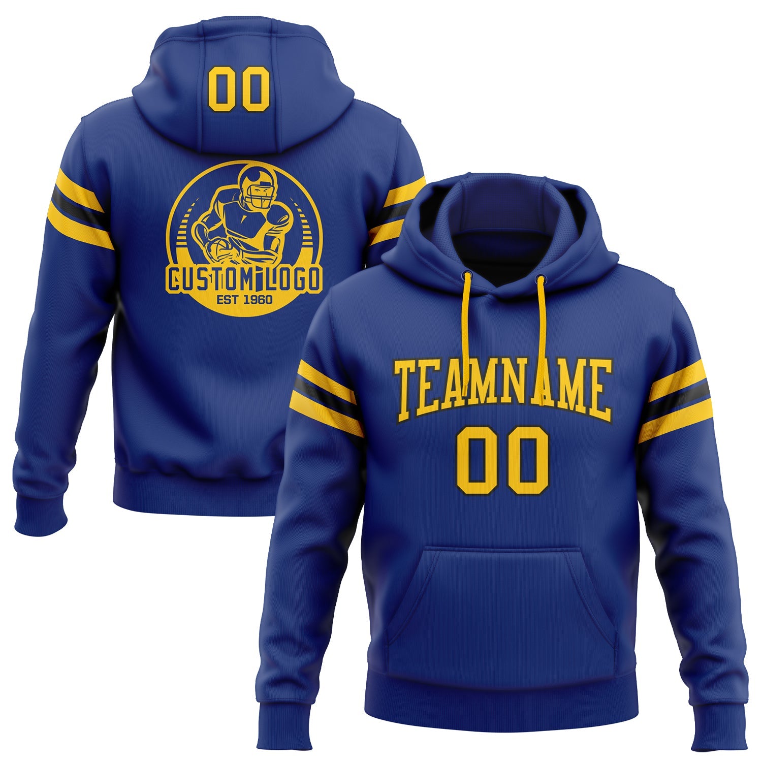 Custom Stitched Royal Yellow-Black Football Pullover Sweatshirt Hoodie