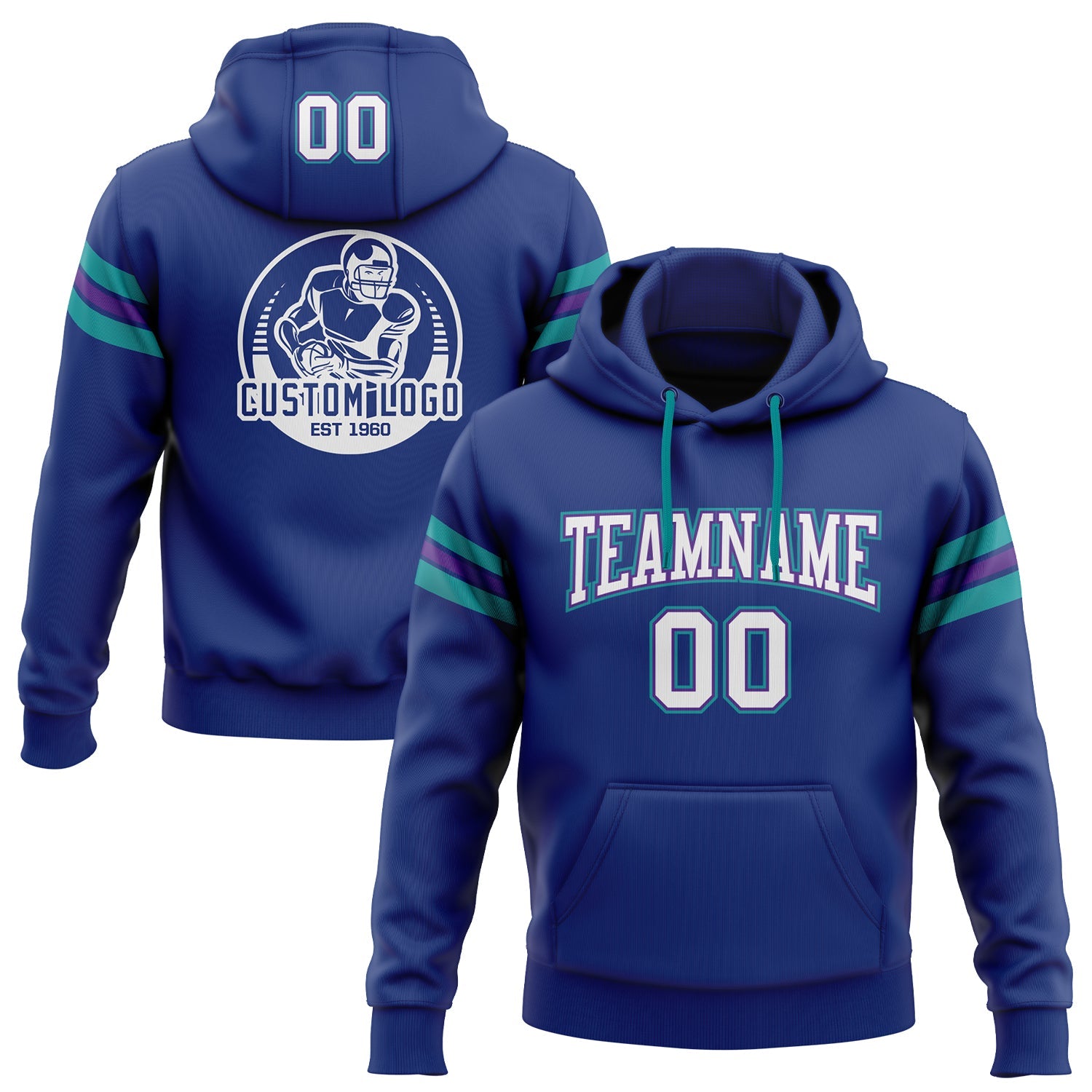 Custom Stitched Royal White Purple-Teal Football Pullover Sweatshirt Hoodie