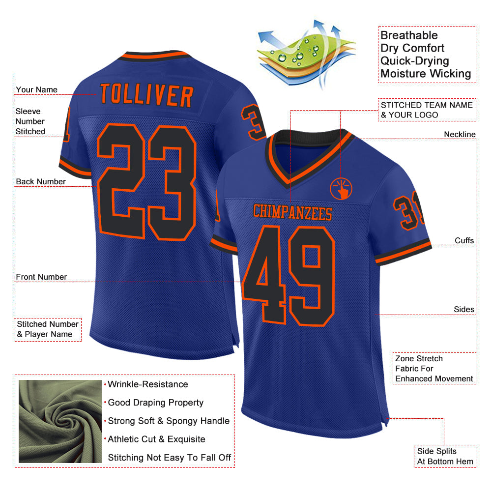 Custom Royal Black-Orange Mesh Authentic Throwback Football Jersey