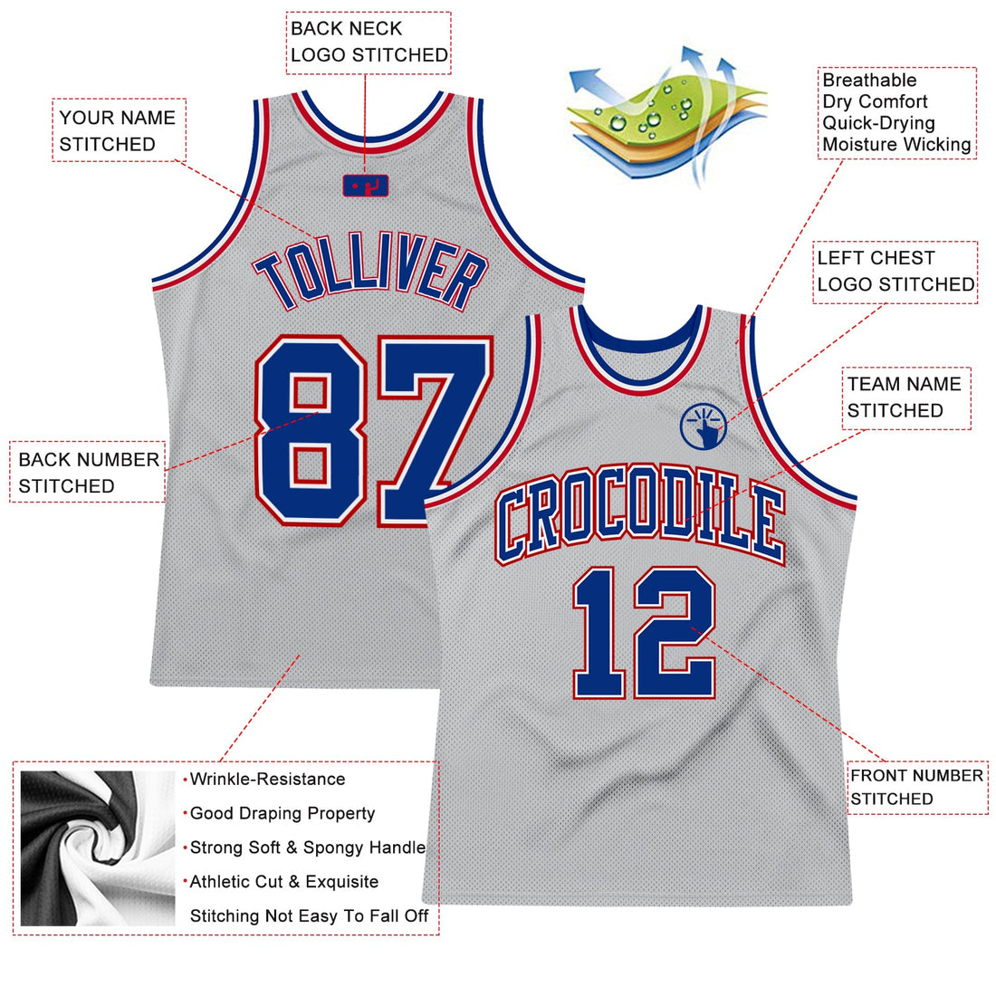 Custom Gray Royal-Red Authentic Throwback Basketball Jersey