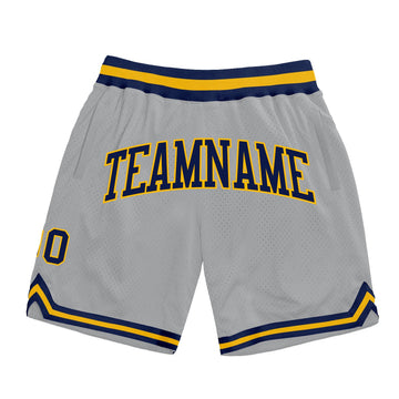 Custom Gray Navy-Gold Authentic Throwback Basketball Shorts