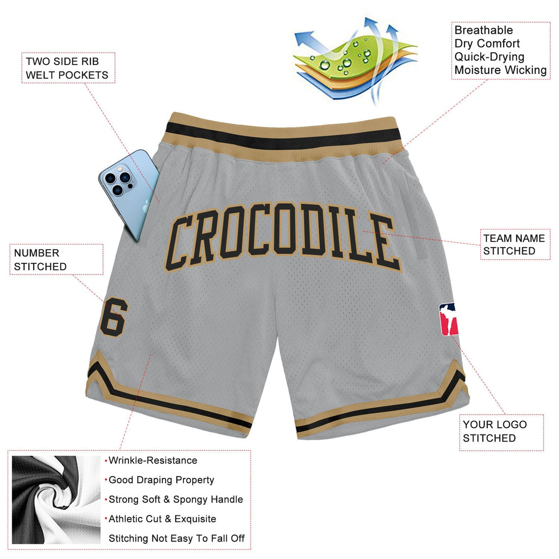 Custom Gray Black-Old Gold Authentic Throwback Basketball Shorts