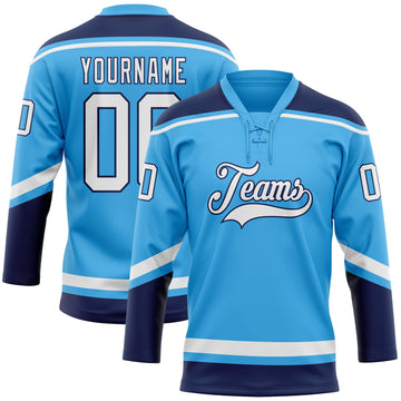 Custom Sky Blue White-Navy Hockey Lace Neck Jersey