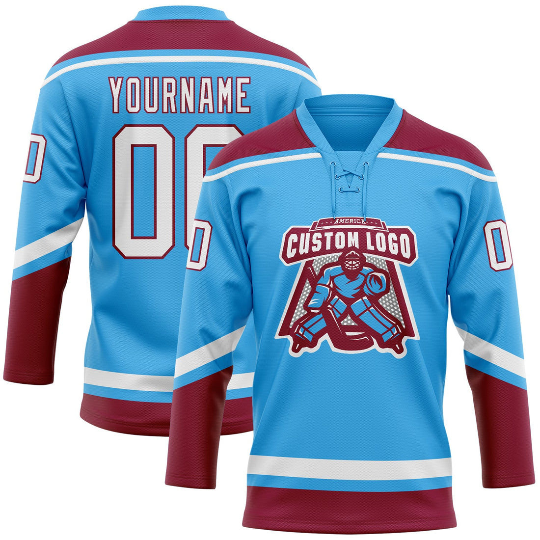 Custom Sky Blue White-Maroon Hockey Lace Neck Jersey