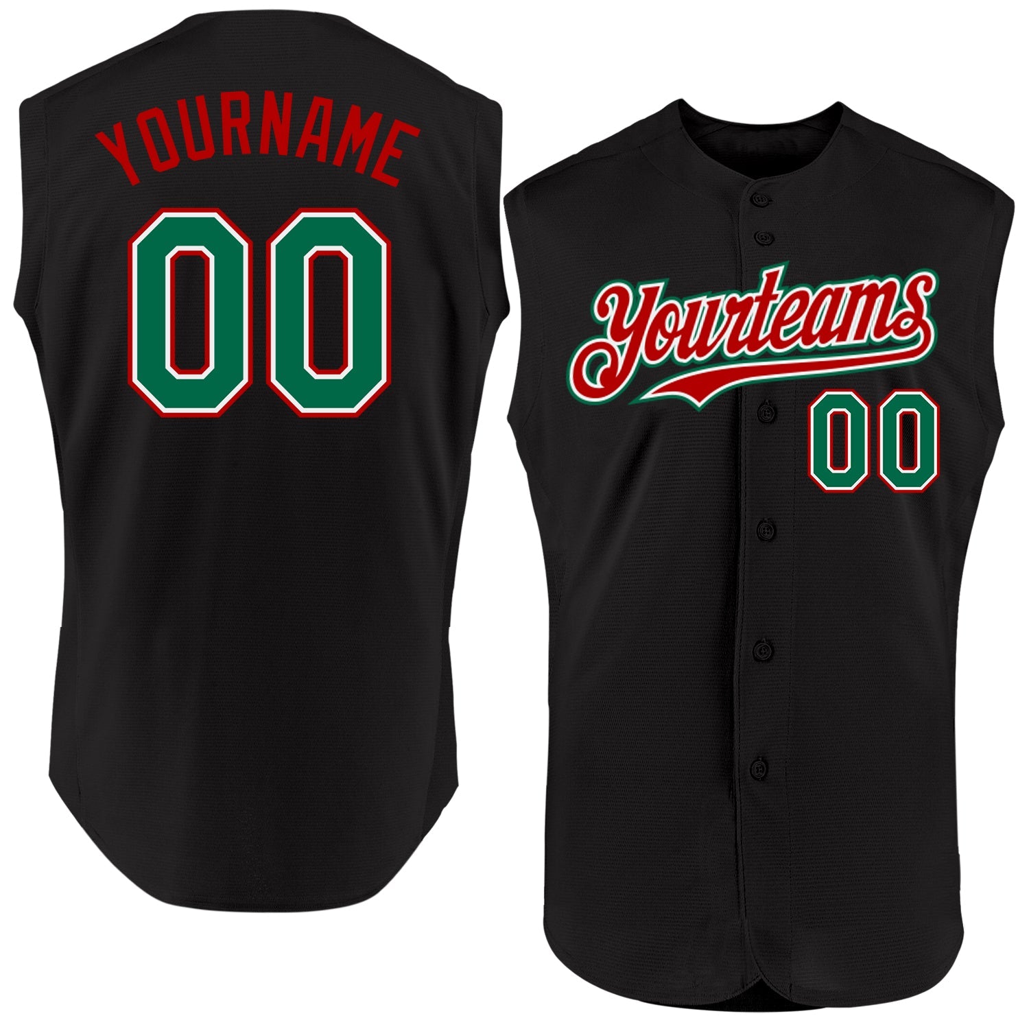 Custom Black Kelly Green-Red Authentic Sleeveless Baseball Jersey