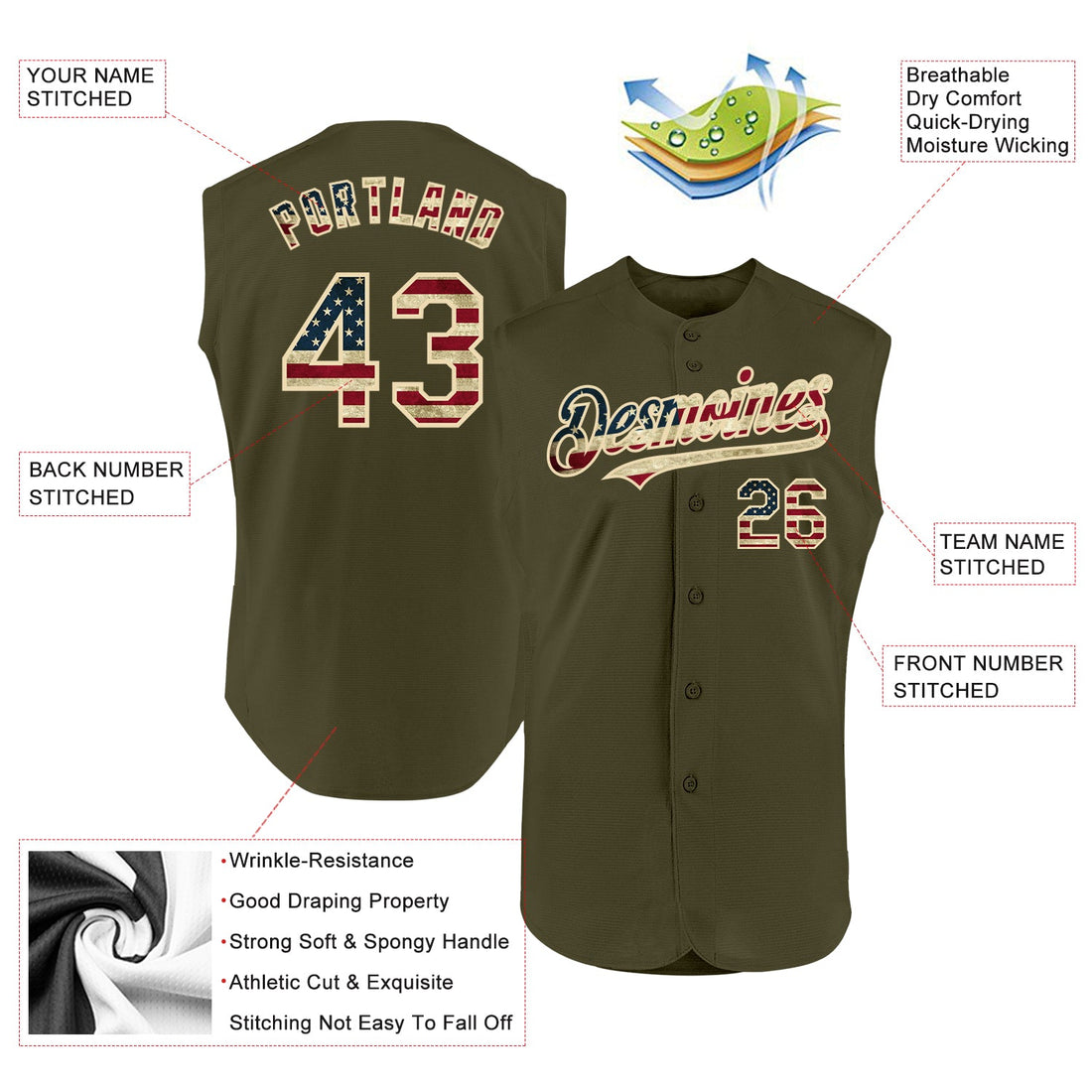 Custom Olive Vintage USA Flag-Cream Authentic Sleeveless Salute To Service Baseball Jersey