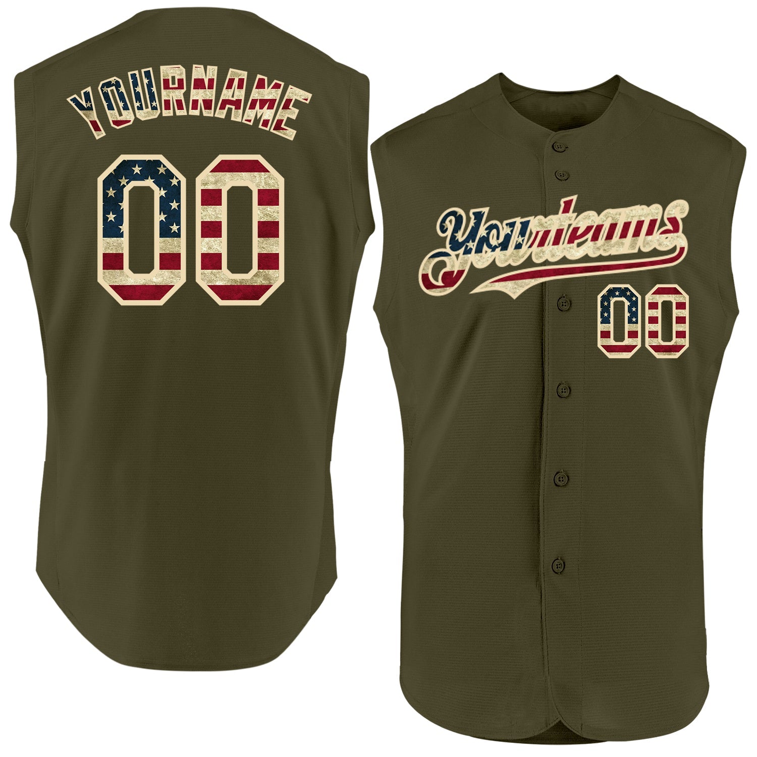 Custom Olive Vintage USA Flag-Cream Authentic Sleeveless Salute To Service Baseball Jersey